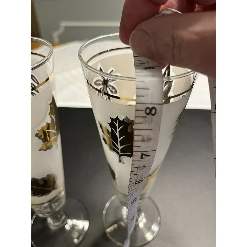 Pair of Vtg Frosted Gold Leaves Pilsner Stem Glasses Signed G Reeves